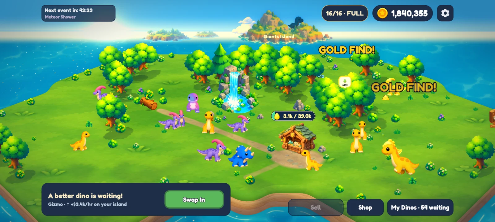 Colorful dinosaurs roaming a green island with trees, a waterfall and a wooden storehouse